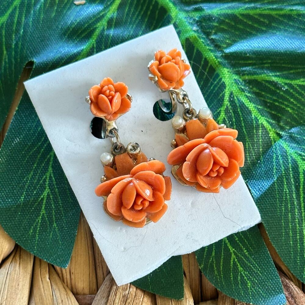 Vintage Orange Flower Drop Earrings